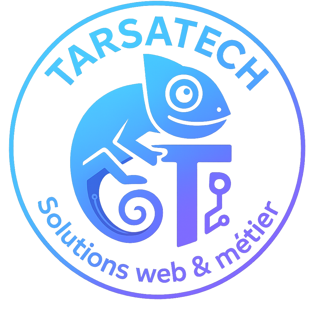 Logo de tarsatech, caméléon en degradé violet, rose, turquoise